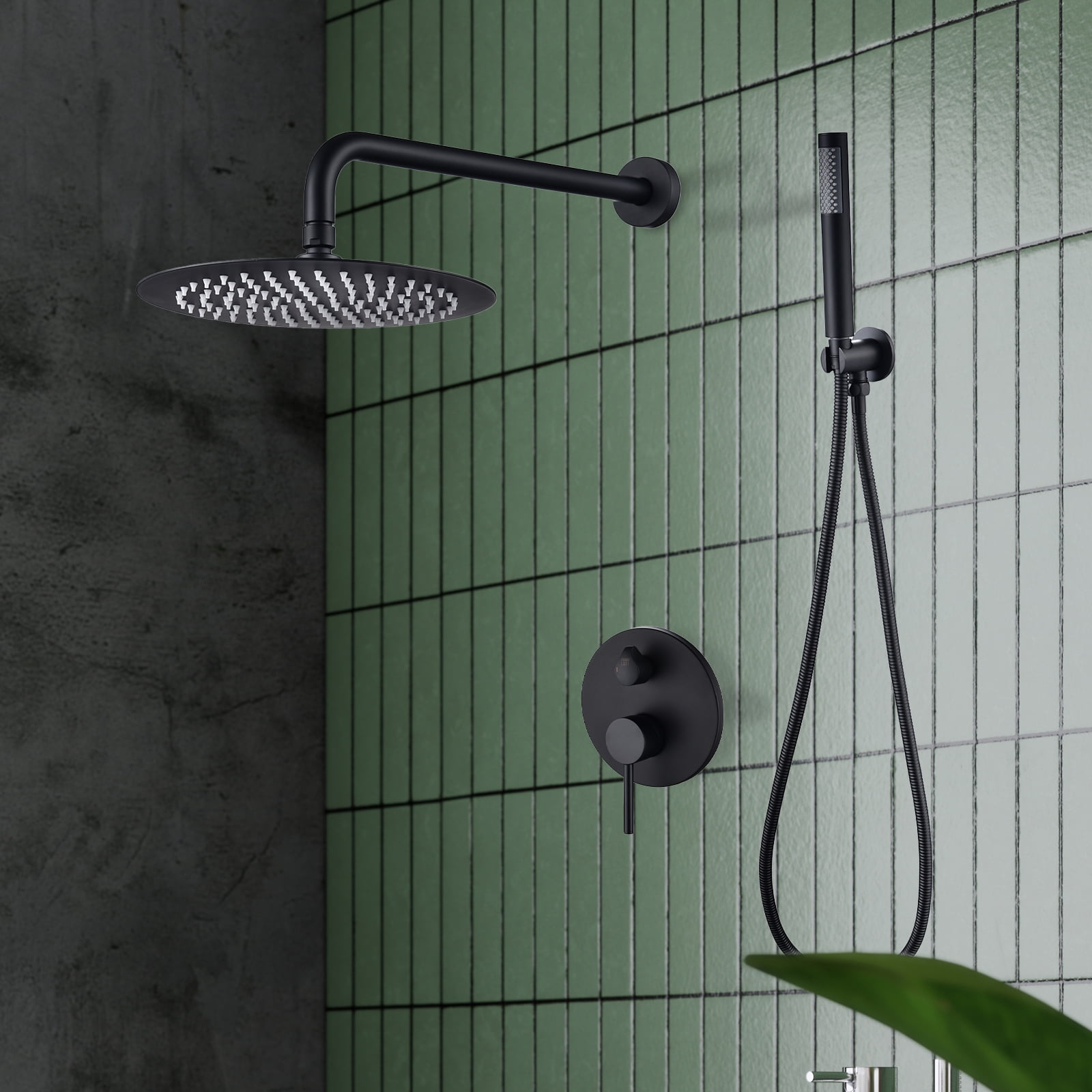 Dawot Shower System Faucet Set, Matte Black 10" Roud Rain Shower Head and Handheld Shower Head Kit, Wall Mounted Shower Trim Kit with Valve