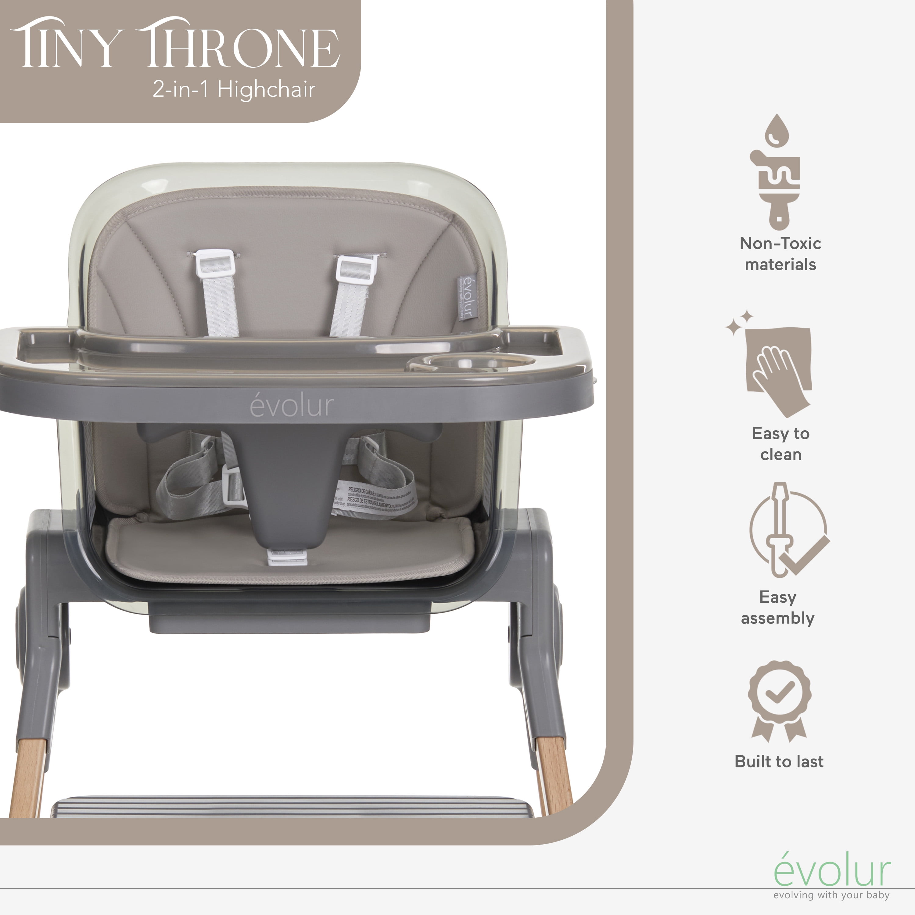 Evolur Tiny Throne 2-in-1 Portable High chair in Fossil Gray, Baby High Chair Converts into Booster Seat & Adult Stool, Removable Tray and Easy To Clean