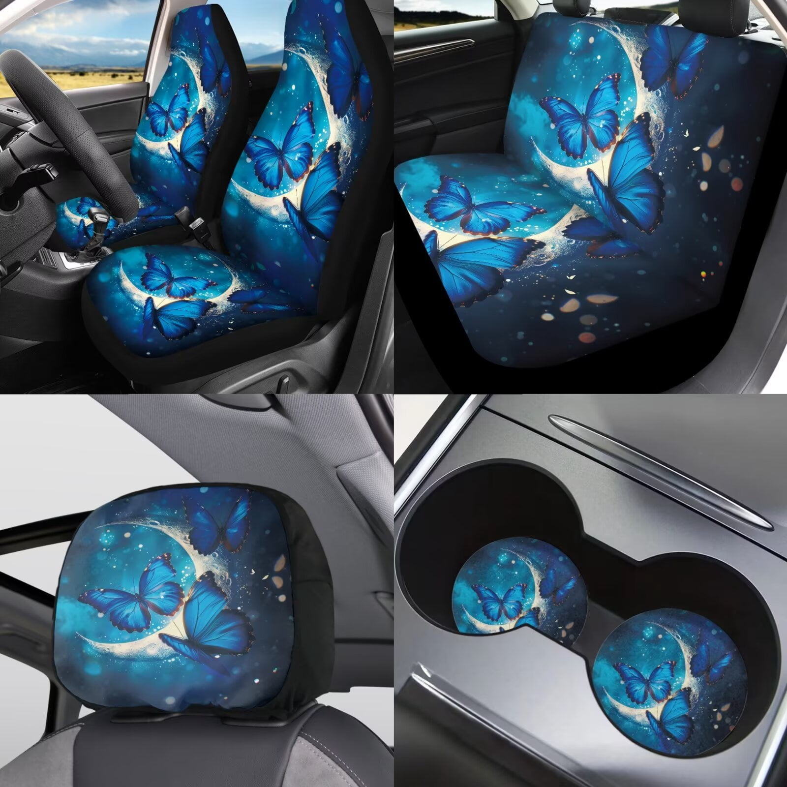 Jeiento Butterfly Moon Car Seat Covers Full Set with Headrest Cover, Gear Shift Cover, Handbrake Cover, Keychain Holder, Cup Coasters, 11 Piece Auto Interior Accessories, Blue