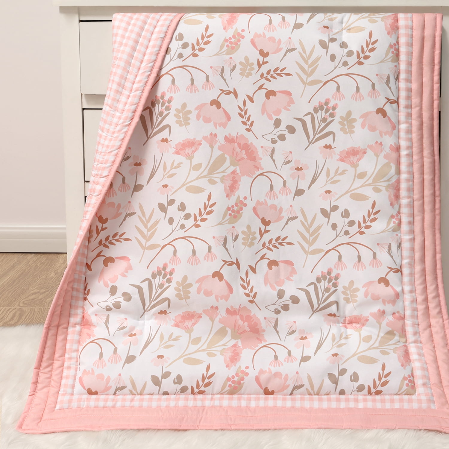 The Peanutshell Whimsical Floral Crib Bedding Set for Baby Girls, Machine-Washable, Pink, 3-Piece
