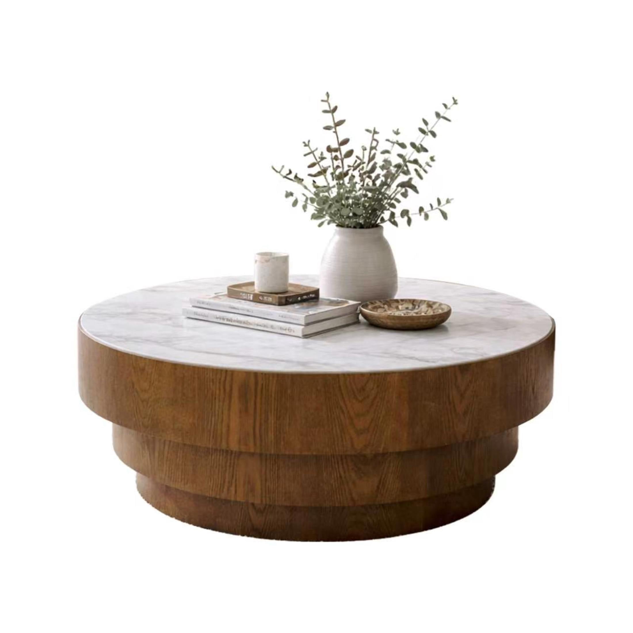 Noble House Carlen 31.5" Round Sintered Stone Coffee Table with Tiered Wood Veneer Base for Living Room, White & Walnut