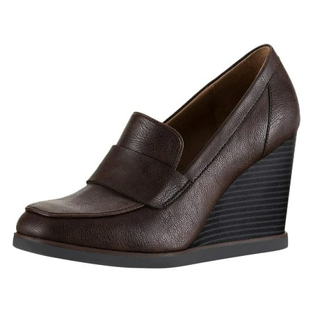 YDN Women Dressy Loafers Pumps Square Closed Toe Slip On Wedge High Heels Shoes Shopping Daily Wear Size 8 Brown