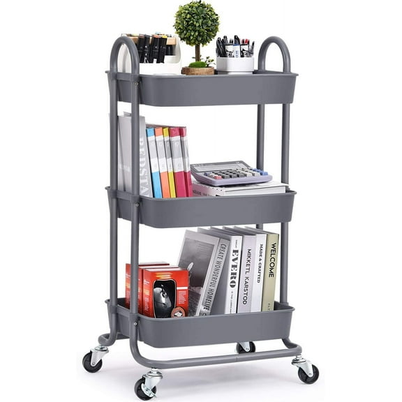 KK KINGRACK' 3 Tier Metal  Utility Carts with Wheels, Rolling Cart, Storage Organizer Trolley Cart, Gray