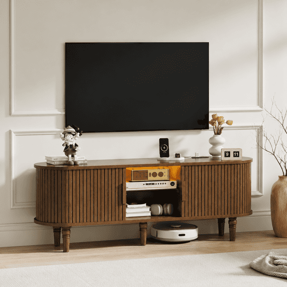 Doyolan Mid-Century Modern TV Stand for TVs up to 70”, Wood TV Console with LED Light,Power Outlet and Storage, Curved Edge Television Stand, Entertainment Center for Living Room Bedroom,Walnut