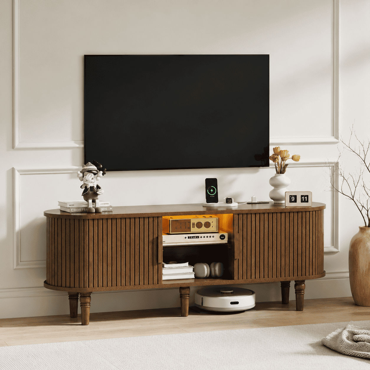 Doyolan Mid-Century Modern TV Stand for TVs up to 70”, Wood TV Console with LED Light,Power Outlet and Storage, Curved Edge Television Stand, Entertainment Center for Living Room Bedroom,Walnut