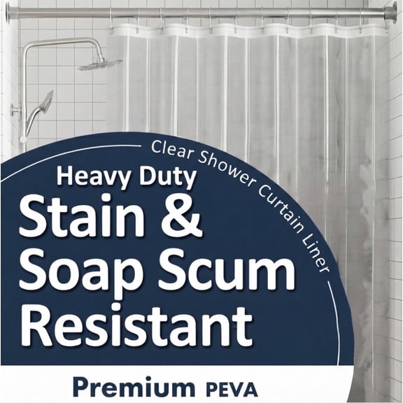 Heavy Duty Clear PEVA Shower Curtain Liner, Waterproof, Stain & Soap Scum Resistant, Rustproof Metal Grommets, Bathroom Tub & Shower Liner