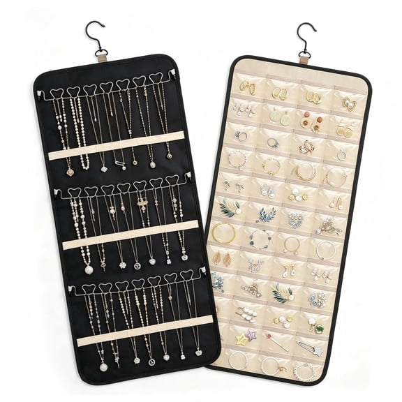 Hanging Jewelry Organizer, Double-Sided Jewelry Holder with Metal Hooks, Large Black Storage Roll for Closet Wall Door, 14 X 33 inch