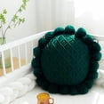 thumbnail image 2 of Acrylic Knitted Round Throw Pillow Knitting Bohemian Circular Cushion Pillow with Knit Handmade Pompoms Decorative Dark Green, Diameter 18inches, 2 of 5