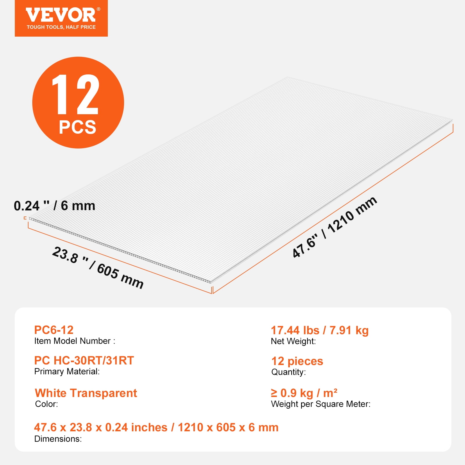 VEVOR 12 Pack Polycarbonate Greenhouse Panels, 2' X 4' X 0.24'' Roof Panels Sheets, Waterproof UV Protected Corrugated Plastic Roofing, Impact Resistance Clear Roofing Sheets for Greenhouse/Garden