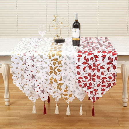 

Tassel Decor Long Table Runner Festive Atmosphere Xmas Stamping Leaves Printing Tablecloth Christmas Ornament Home Decor