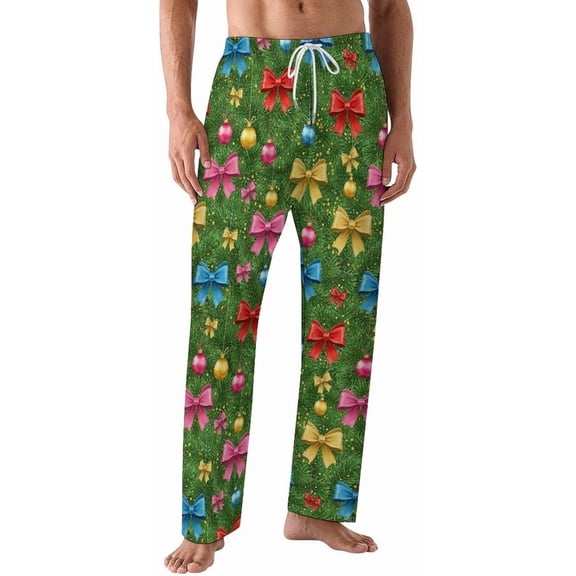 PRIYAL Pajamas Pants For Men Christmas Tree Ribbon Bows Pajama Bottoms Sleepwear Pj Pants