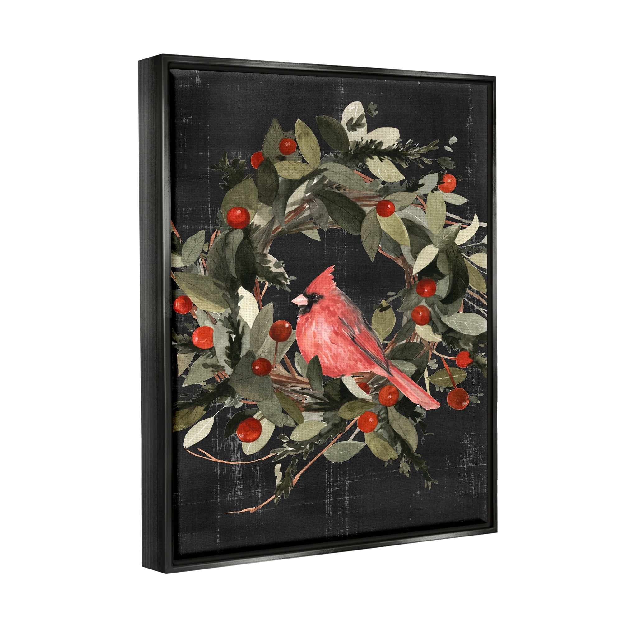 Stupell Industries Red Cardinal In Wreath Design Luster Gray Framed Floating Canvas Wall Art, 24x30, by Emma Scarvey