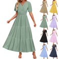 thumbnail image 1 of ZVAVZ Robes d'Été pour Femmes 2025 Maxi, Robes d'Été Élastiques Boho Plage Manches Courtes Col en V Robe Plissée Verte,TG, 1 of 7