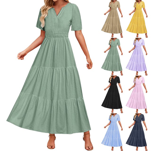 ZVAVZ Robes d'Été pour Femmes 2025 Maxi, Robes d'Été Élastiques Boho Plage Manches Courtes Col en V Robe Plissée Verte,TG