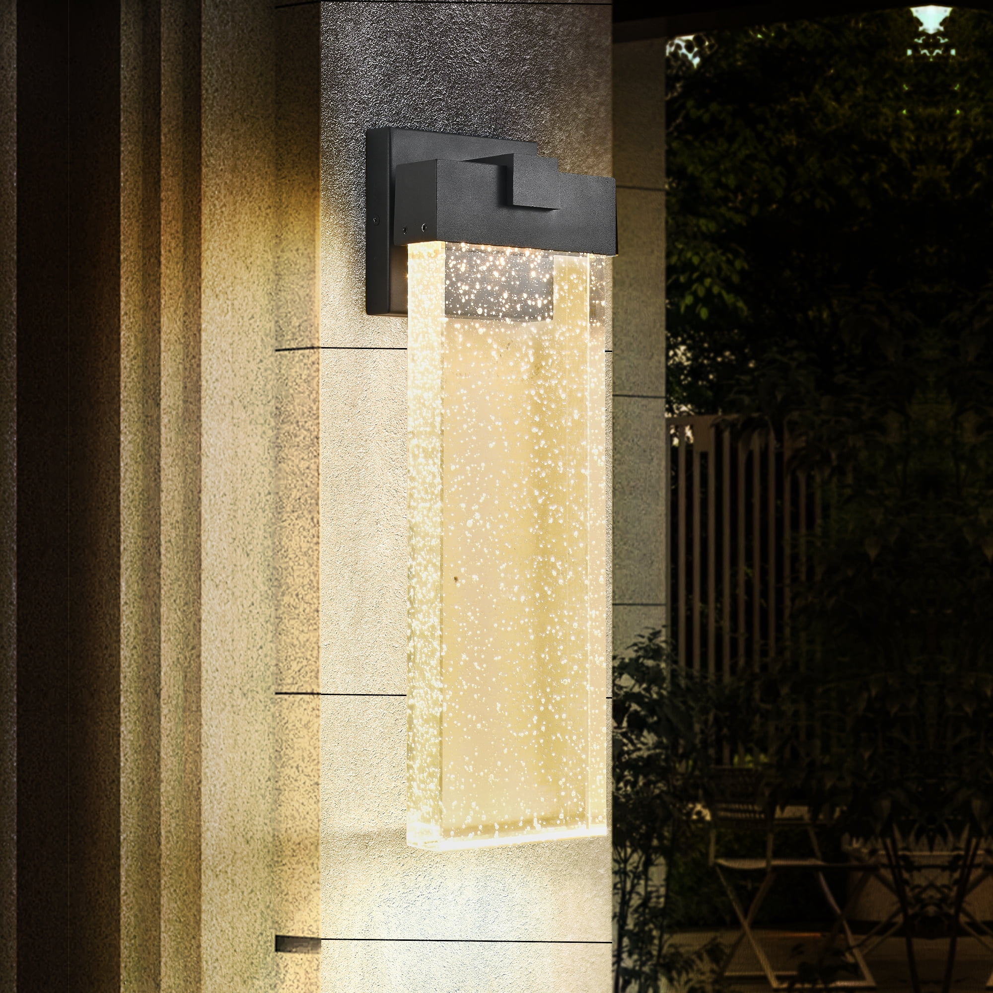 Outdoor Wall Light Fixture 18 Inch H, 12W Weatherproof LED Wall Sconce with Bubble Crystal for Patio, Black