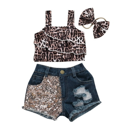 

Livingsenburg Kids Baby Girls Summer Top Shorts Leopard Short Sleeve Jeans