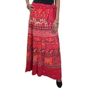 Mogul Women's Wrap Skirts Red Block Print Cotton Wrap Around Skirt Beach Wear