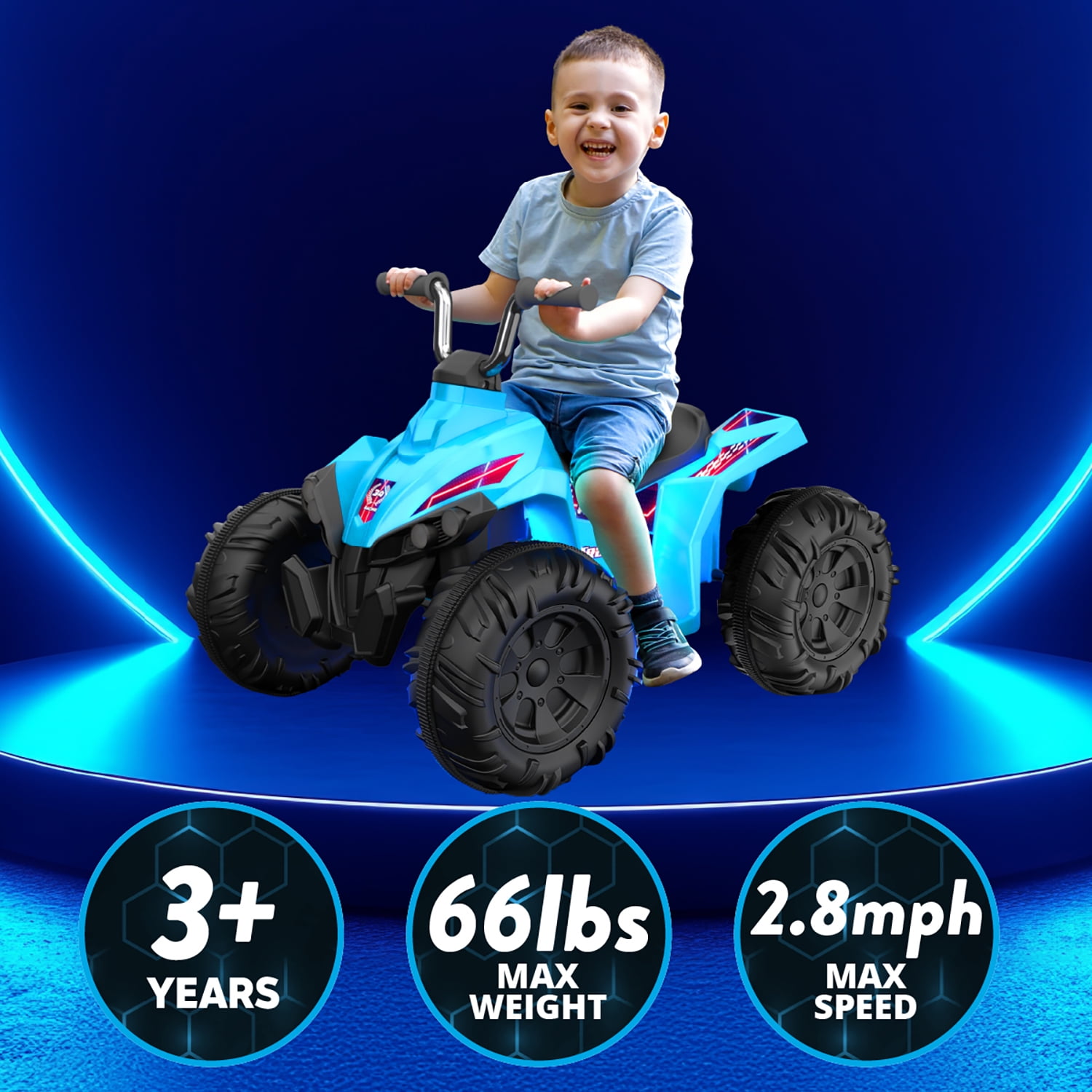 Kid Trax 12V Glow ATV Ride-On Toy, Blue, with LED Lights, Rechargeable Battery, Ages 3–6