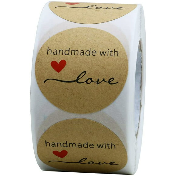 Hybsk 1.5" Inch Round Natural Kraft Handmade with Love Stickers Total 500 Adhesive Labels Per Roll