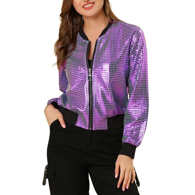 INSPIRE CHIC Blouson Bomber à Fermeture à Glissière Léger Métallique à Col Montant Holographique pour Femme Purple-1 3X-Grand