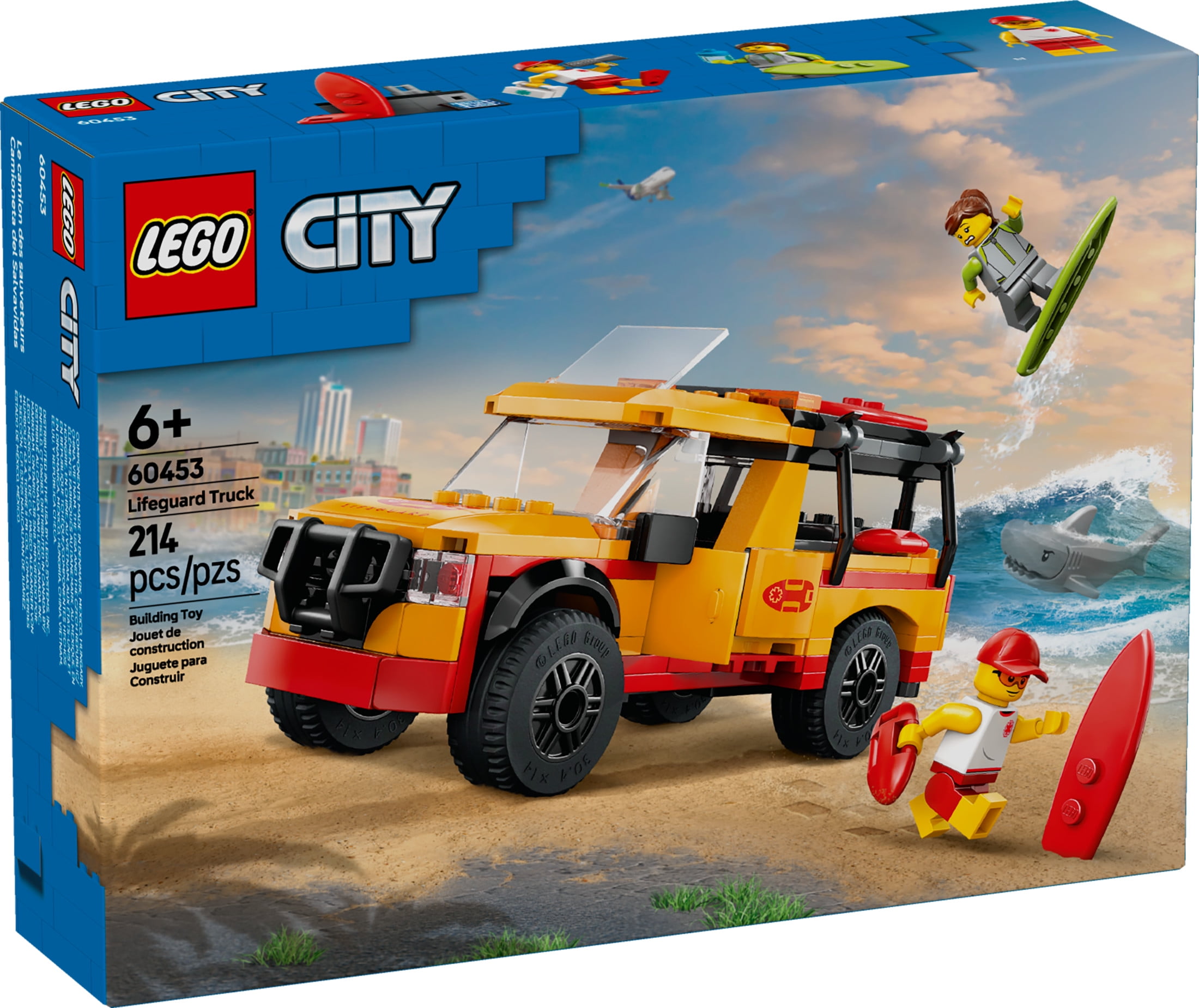 LEGO City Lifeguard Beach Rescue Truck Toy - Building Toy for Kids, Boys and Girls, Ages 6+ - Includes 2 Minifigures, Shark Toy - Gift for Beach-Loving Kids - 60453