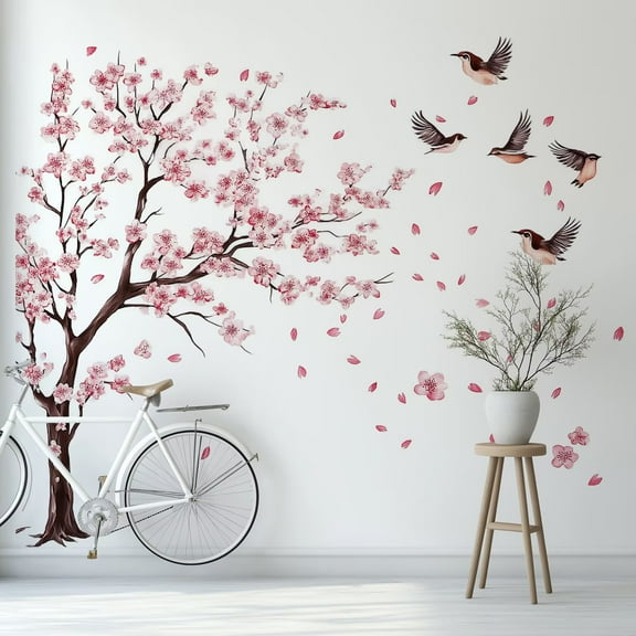 Pink Flower Tree Wall Stickers, Floral Birds Wall Stickers Removable DIY Romantic Peach Blossom Tree Wall Murals Peel and Stick 3D Wall Art Stickers Murals Home Decor for Gilrs Bedroom Nursery Rooms