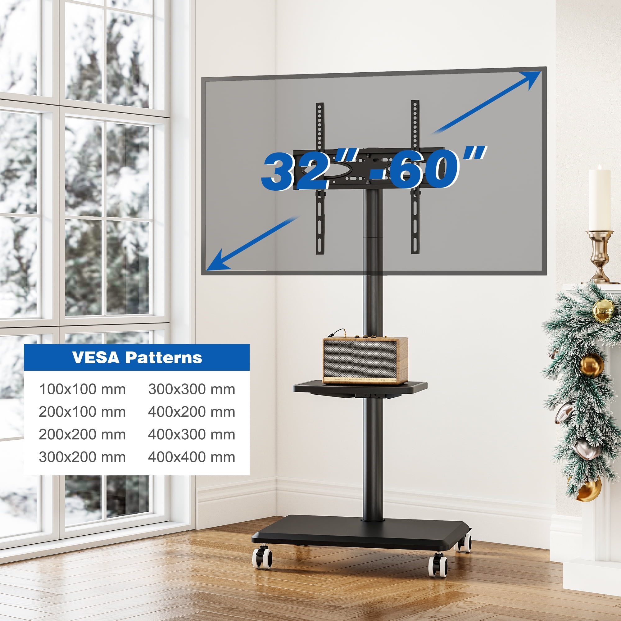 TAVR Furniture Rolling TV Cart Stand with Mount for 32-65 inch Screens, Corner Swivel TV Mount Stand with Rack Shelf