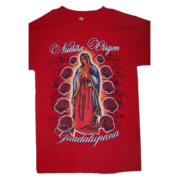 Nuestra Virgen La Guadalupana Catholic T-Shirts - Screen Printed front & Back - Red Color - Men's Size: Medium - Uni-Sex Style -- Free USA shipping -- (CatTs103R-M)