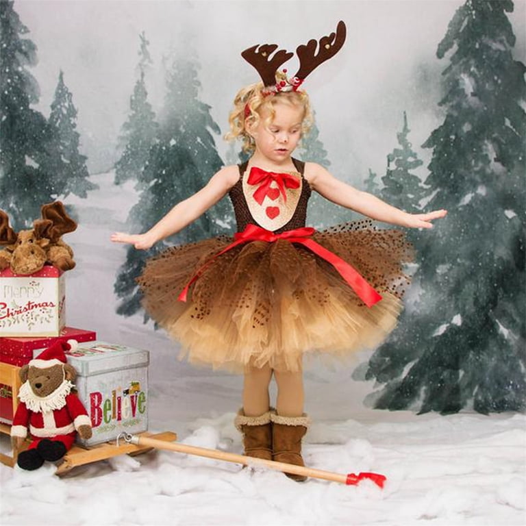 WOYY Big Girl's Christmas Dress Reindeer Embroidery Tutu Dress with  Hairband Xmas Party