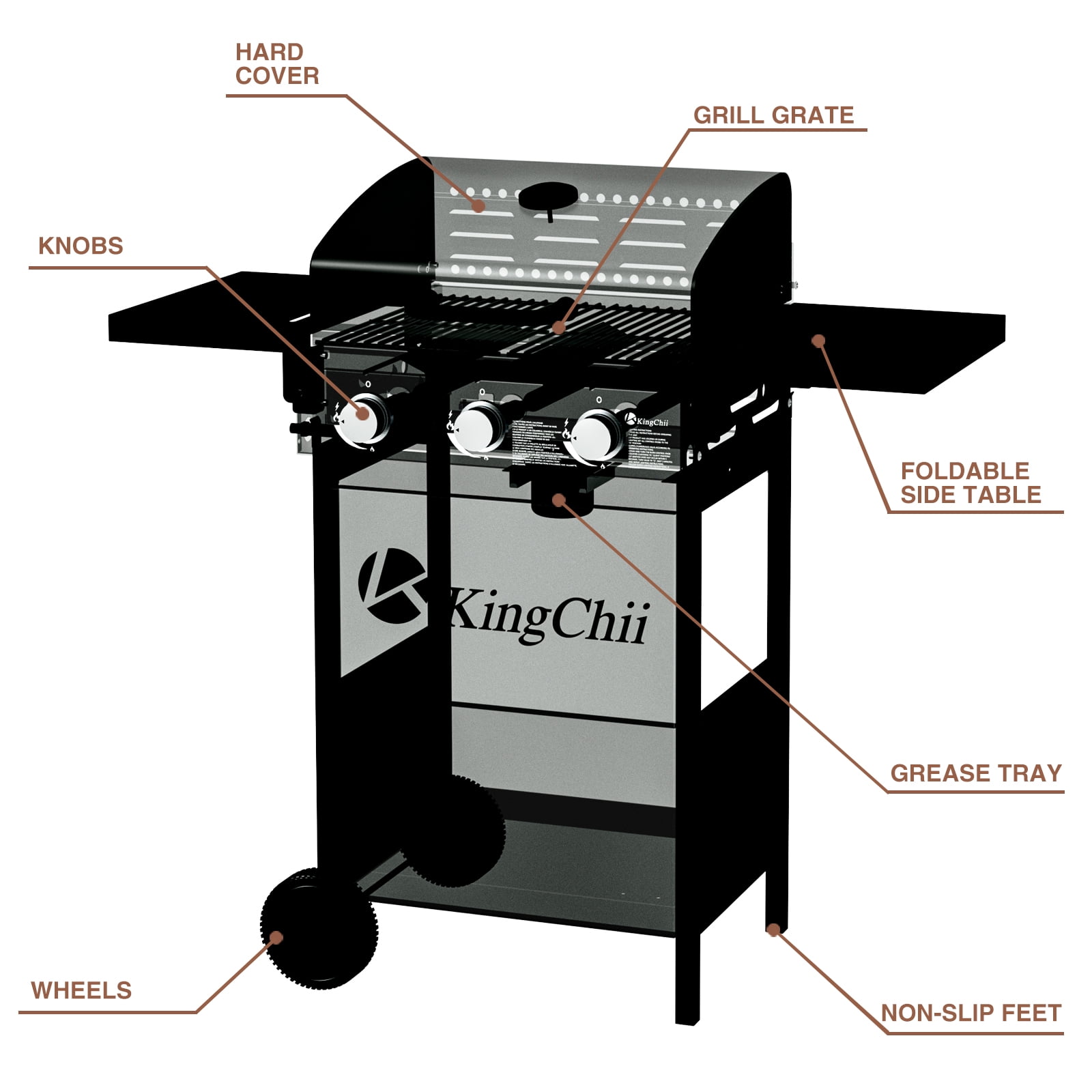 Kingchii 3-Burner Propane Grill, 28,500 BTU BTUs Gas Grill with Foldable Side Tables, Built-in Thermometer for Outdoor Grilling, BBQs and Camping