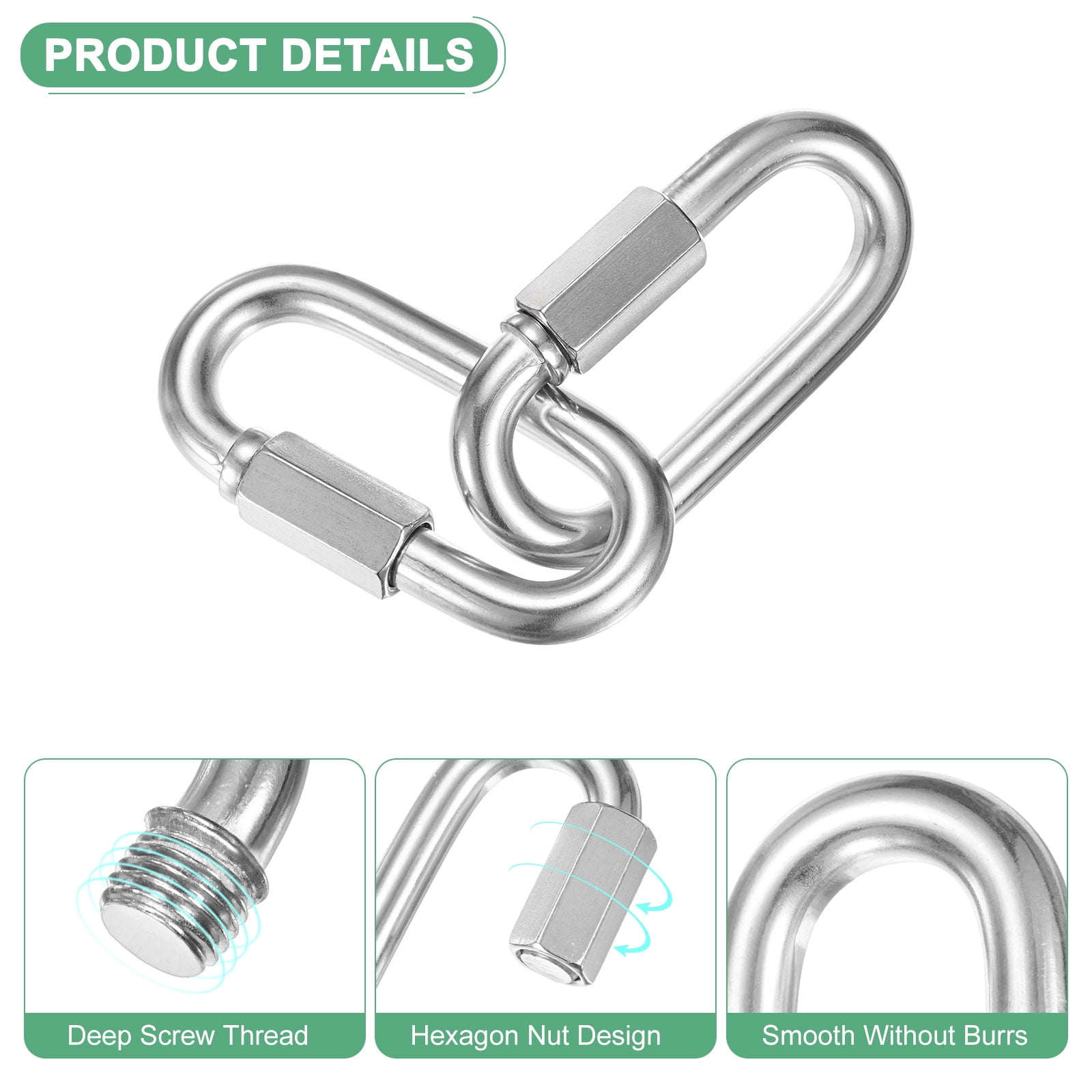 2-Pack Quick Chain Link Connector, M12 1/2 304 Stainless Steel D-Shape Locking Repair Chain Links for Swing/Camping/Hiking/Backpack, Twist Key Ring Screw Chain Link [Silver]