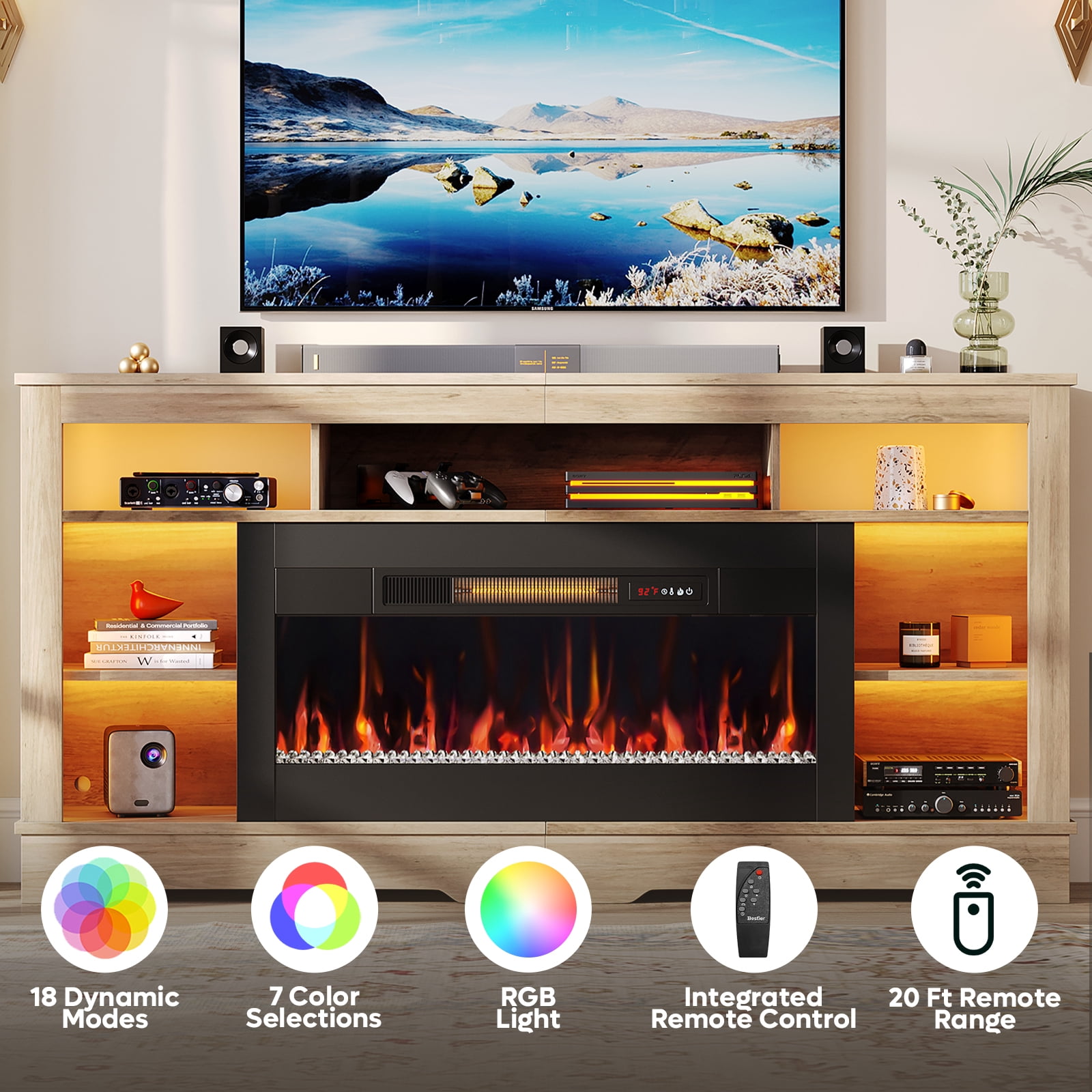 Bestier 71" Fireplace LED TV Stand with 36" Electric Fireplace and Storage Entertainment Center Console Table for TVs up to 80", Gray Wash