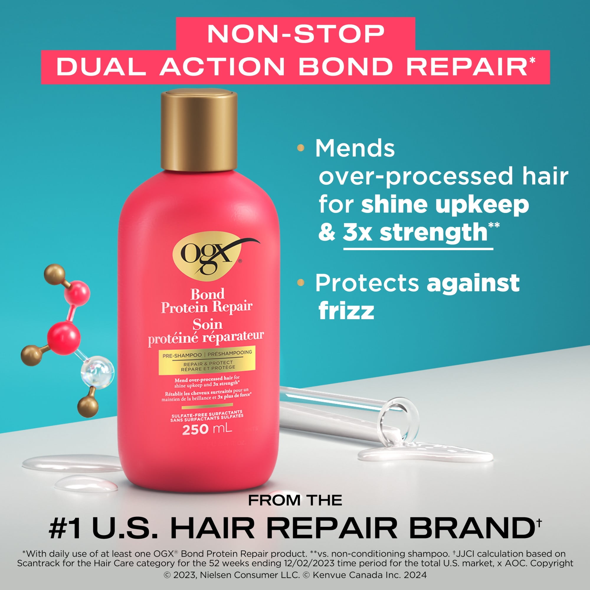 Préshampooing Soin protéiné réparateur OGX® Répare et protège, ce soin avant shampooing aide à réparer les cheveux surtraités pour des cheveux brillants et 3x plus forts*, surfactants sans sulfat 250 mL