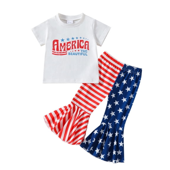 LWNYDPLSD Kids Fourth of July Outfit 1st Birthday Set for Toddler The Beautiful American Short Sleeve Retro Shirt Top USA Flag Bell Bottoms Pants 4th Of July Set Baby Girl Clothes