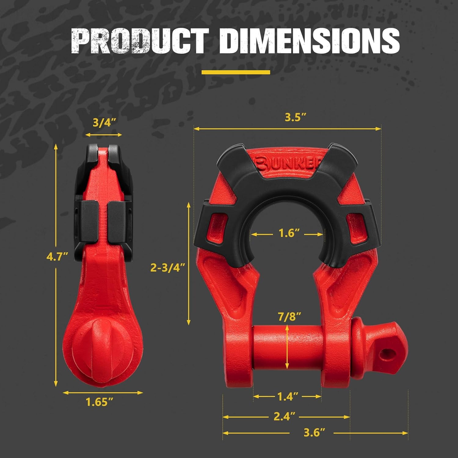 BUNKER INDUST 3/4" D Ring Shackle with 7/8" Pin,Red Tow Shackles with Isolator for Use with Tow Strap, Winch, 2 Pack Off-Road Recovery Shackle for Jeep Truck Vehicle ATV UTV, 42,000lbs Break Strength