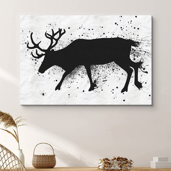 PixonSign Canvas Print Wall Art Ink Blot Reindeer Animals Wilderness Illustrations Modern Art Contemporary Dramatic Dark Black and White for Living Room, Bedroom, Office - 32x48