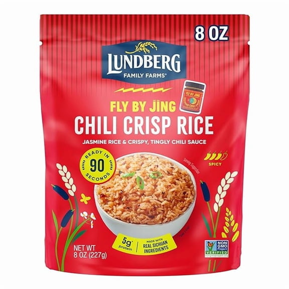(1 pack) Lundberg X Fly By Jing Chili Crisp Rice – Microwave Ready in 90 Seconds, Regenerative Organic Jasmine Rice with Chili Crisp Seasoning, Gluten-Free, 8oz Pouch