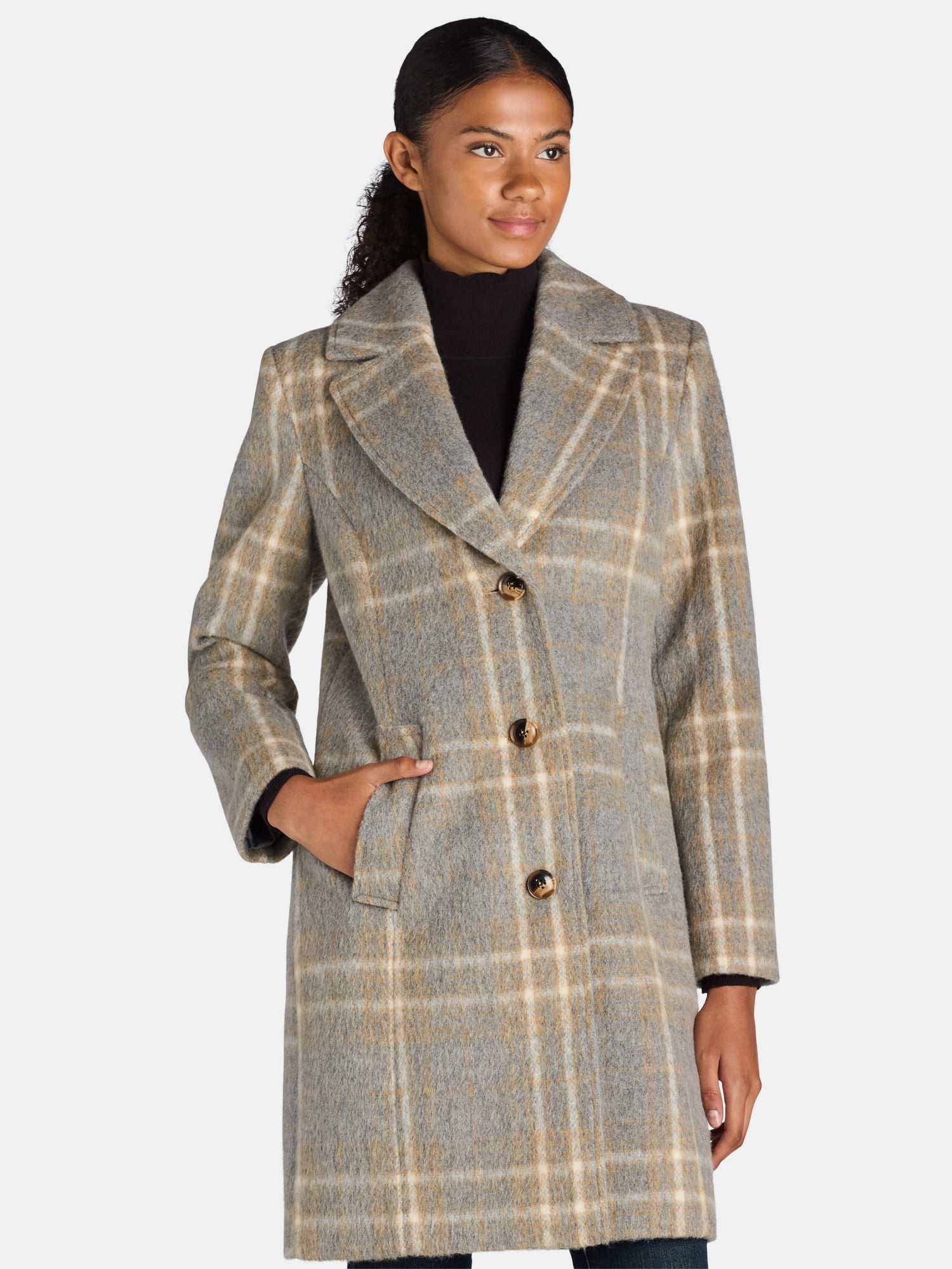 Time and Tru Women's and Women's Plus Faux Wool Boyfriend Coat, Sizes XS-3X
