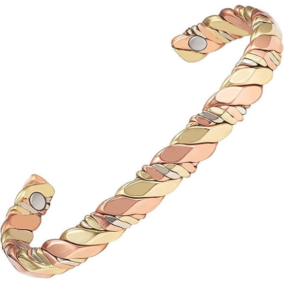 Wollet Tri Colored Gold Copper Bracelets for Women, 6.5 inches, Cuff Bangles, Hand Knitted