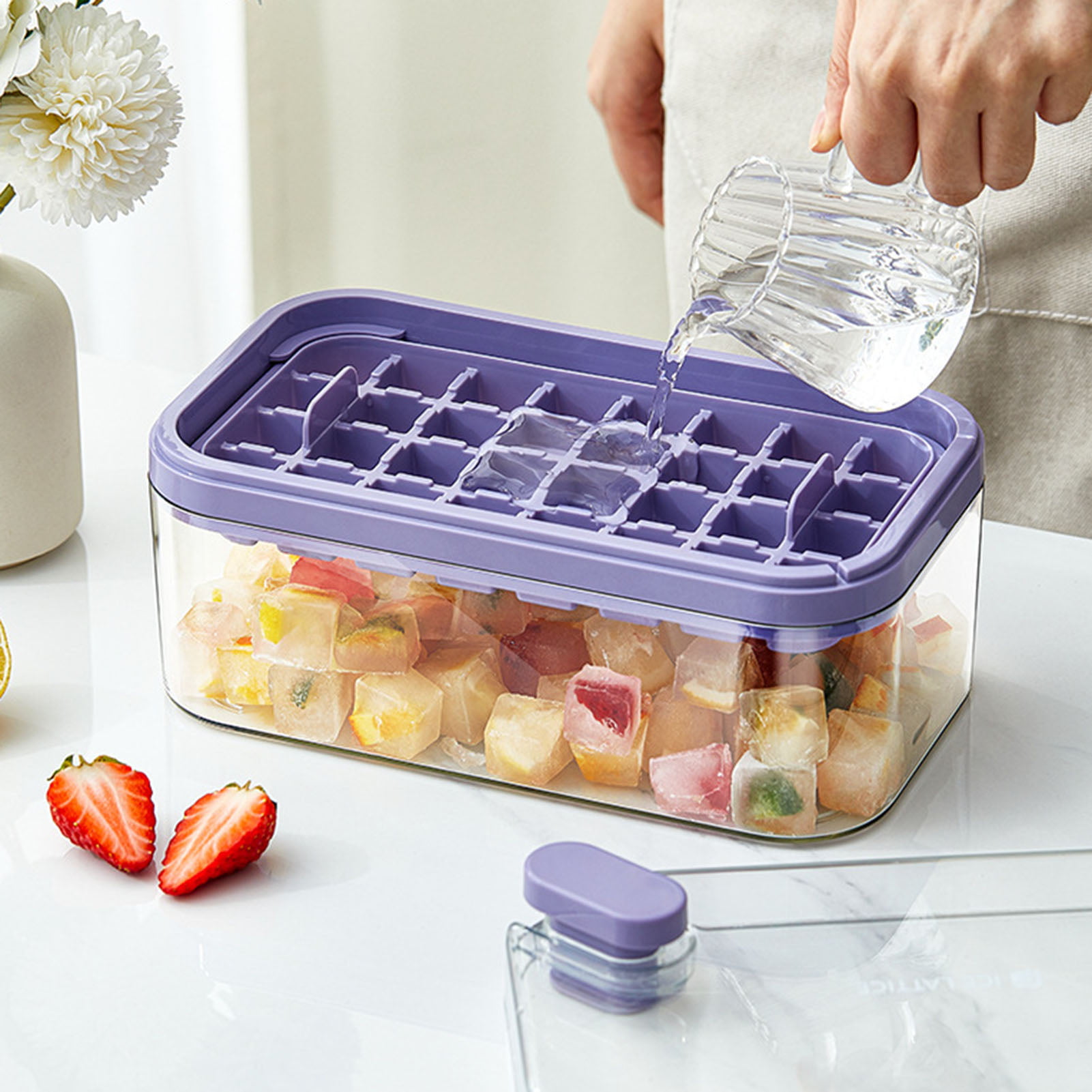 GROFRY 1 Set Ice Cube Tray Single/Double Layer Multiple Grids Press Button  Design Silicone Ice Mold Tray Storage Box with Shovel Kitchen Tool,Purple  Single Layer 