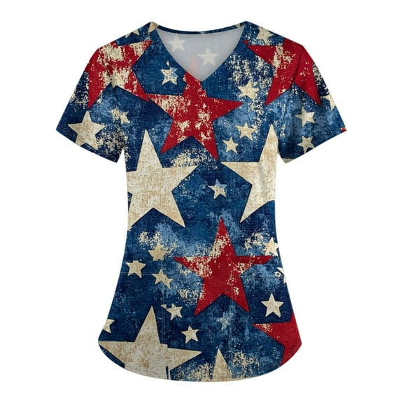 Scrubs For Women Plus Size, Scrubs Tops 4Th Of July V Neck Short Sleeve Workwear With Pockets Red White And Royal Blue American Flag Top Womens Patriotic Shirts Top Shirts (S, Beige) ZMTing