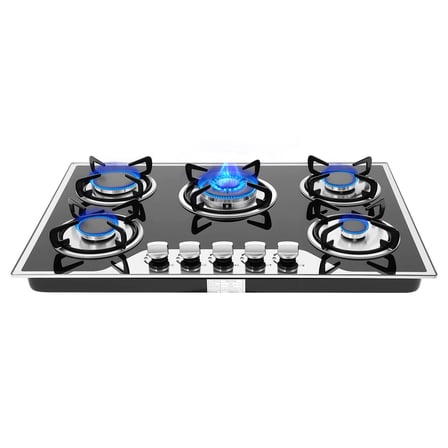 30 Inch Gas Cooktop, 5 Burners Built-in Stainless Steel Gas Stovetop, LPG/NG Dual Fuel Convertible Gass Cooktop
