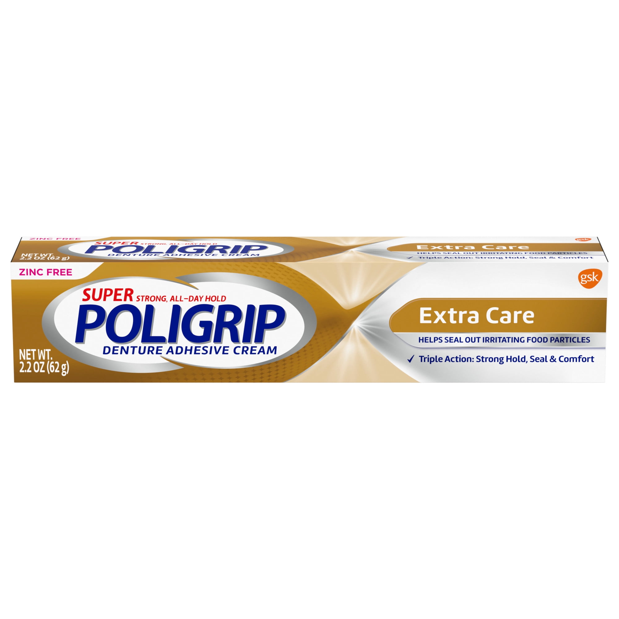 Super Poligrip Extra Care Zinc Free Denture and Partials Adhesive Cream, 2.2 Oz