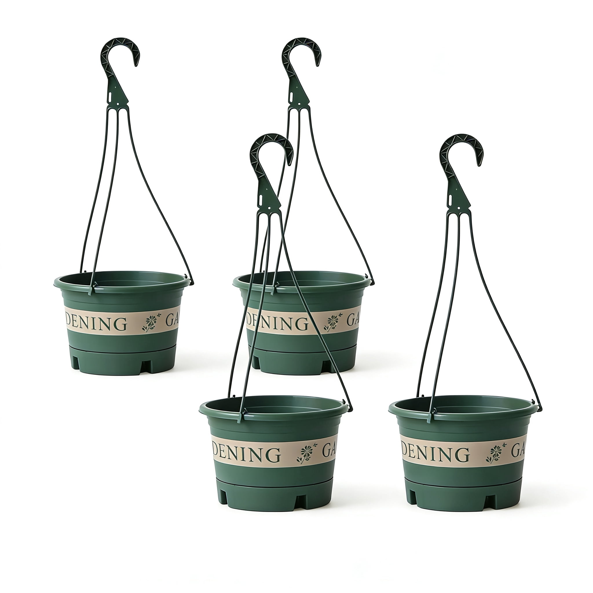 4-Pack Plastic Hanging Planters with Drain Trays & Hanging Hooks, Indoor Outdoor Hanging Flower Pots for Garden, Balcony, and Patio Decoration