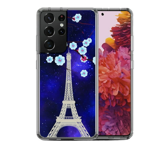 Shockproof Hybrid Bumper Phone Case for Samsung Galaxy S21 Ultra, by OneToughShield ® - Eiffel Tower Stars
