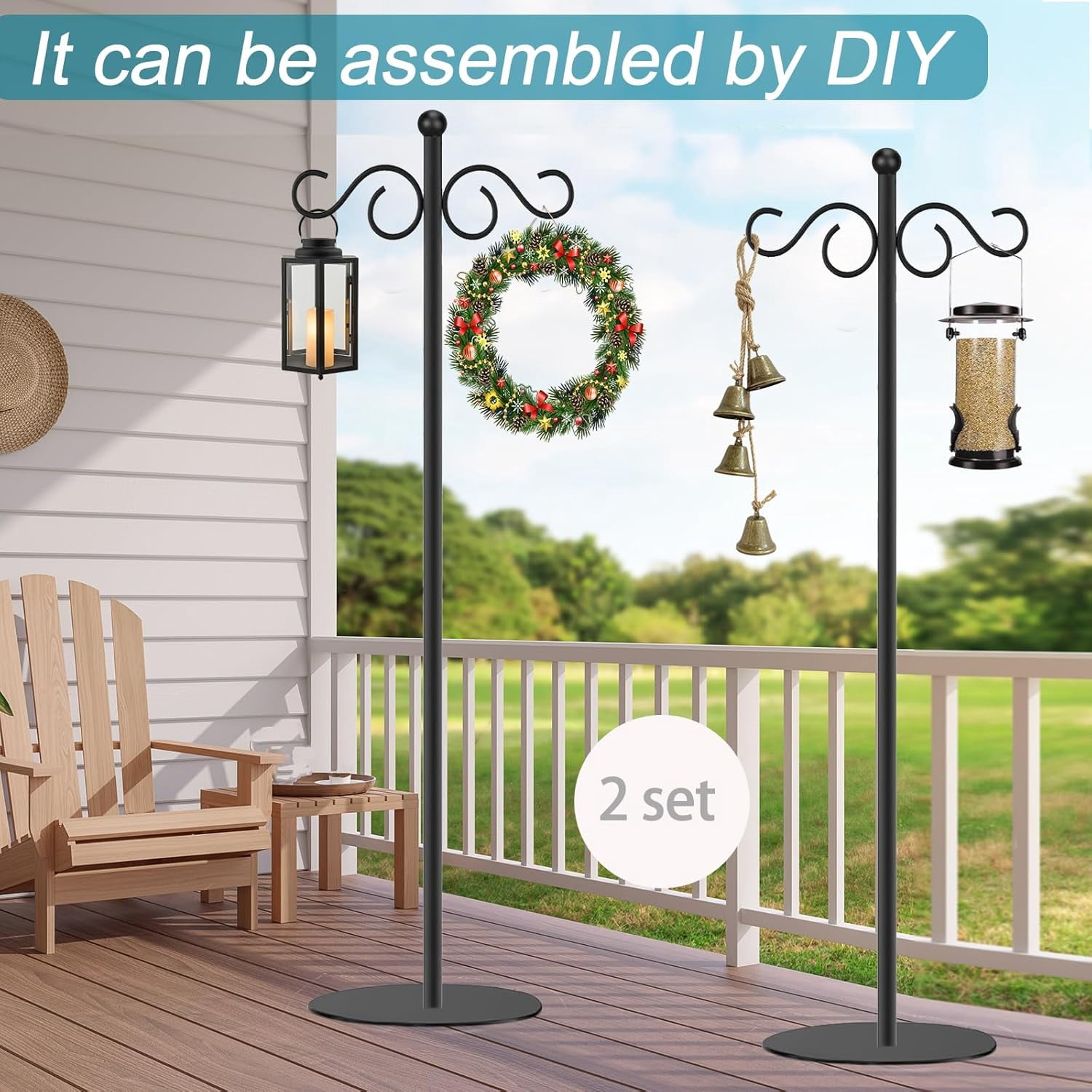 2 Set Shepherd's Hook Stand plant，Bird Feeder，Wind Chime Hanger Stand, Waterproof Metal & Adjustable-Height Standing Pole Holder for Lantern and Wreath, Indoor & Outdoor