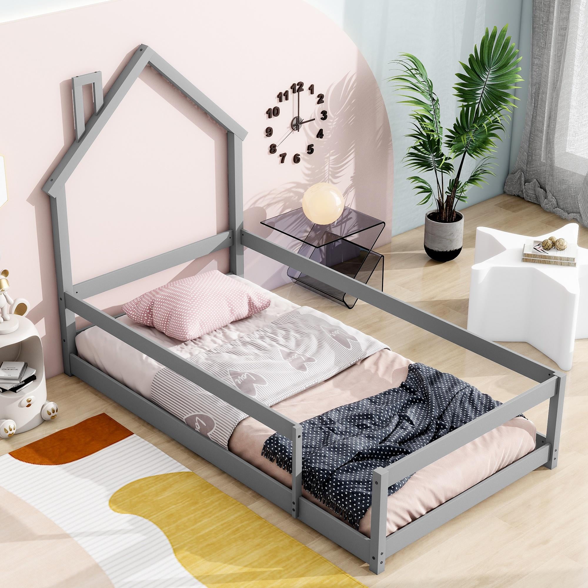 PORKISS Twin Size Floor Bed, Montessori Bed for Kids with Fence, House-shaped Headboard, Grey