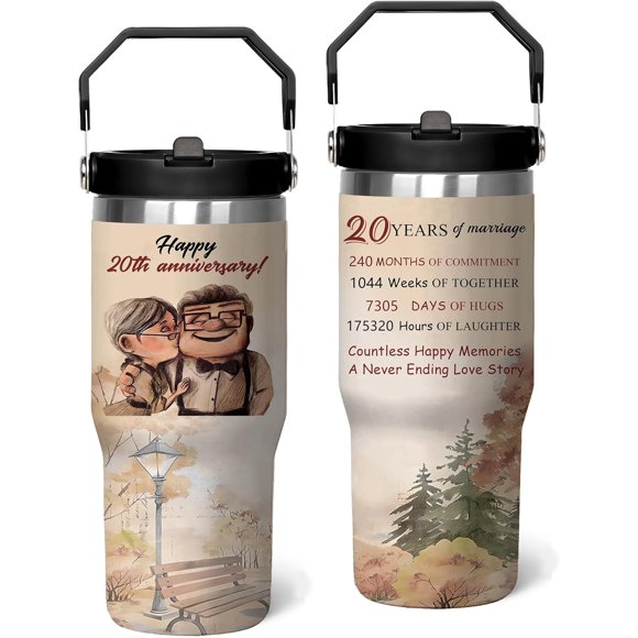 20th Wedding Anniversary Tumbler with Handle and Straw, Emerald Wedding 20th Anniversary Stainless Steel Cups 30 Oz, 32th Anniversary Cup For Couple Parents Friends, Wedding Gifts Anniversary Cups