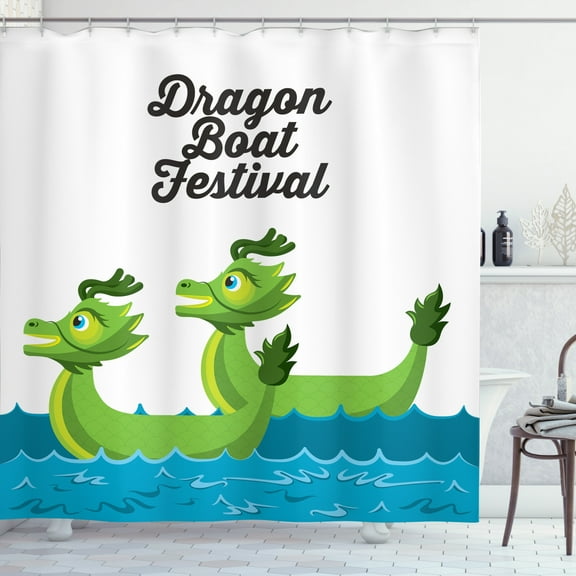 Chinese Shower Curtain, Cartoon Style Graphic Composition with Dragon Boat Festival Concept Print, Fabric Bathroom Set with Hooks, 69W X 75L Inches Long, White and Multicolor, by Ambesonne