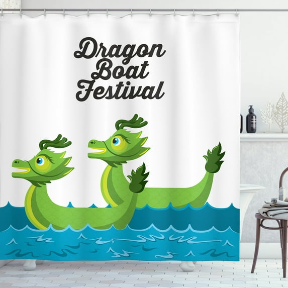Chinese Shower Curtain, Cartoon Style Graphic Composition with Dragon Boat Festival Concept Print, Fabric Bathroom Set with Hooks, 69W X 70L Inches, White and Multicolor, by Ambesonne